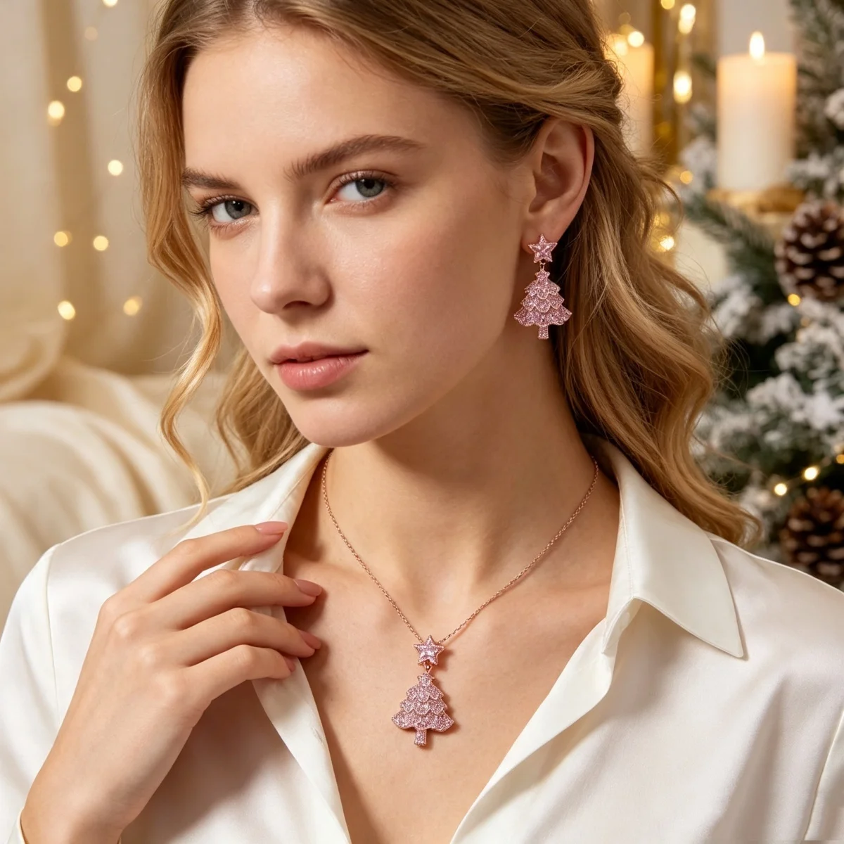Glitzerndes, vollrosa Strass-Weihnachtsbaum-Halsketten- und Ohrring-Set für Damen, zartes, süßes Stern-Weihnachtsbaum-Schmuckset für Neujahr. – Detail 10
