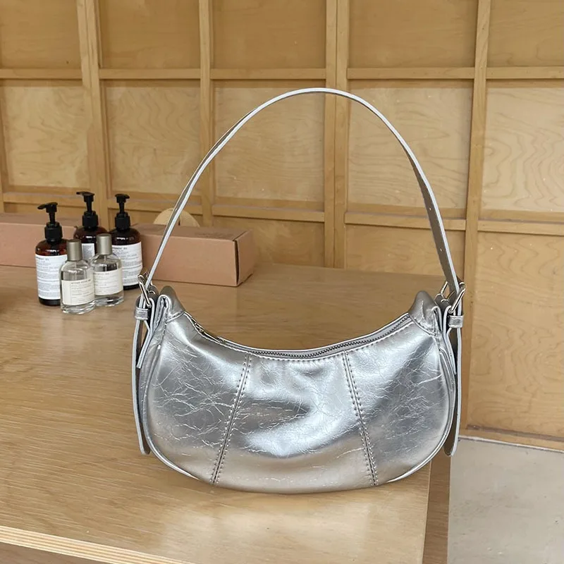 

Fashion Women Shoulder Crossbody Bags small PU Leather Armpit bags Brand Handbag Minimalist Female Underarm Bag silver