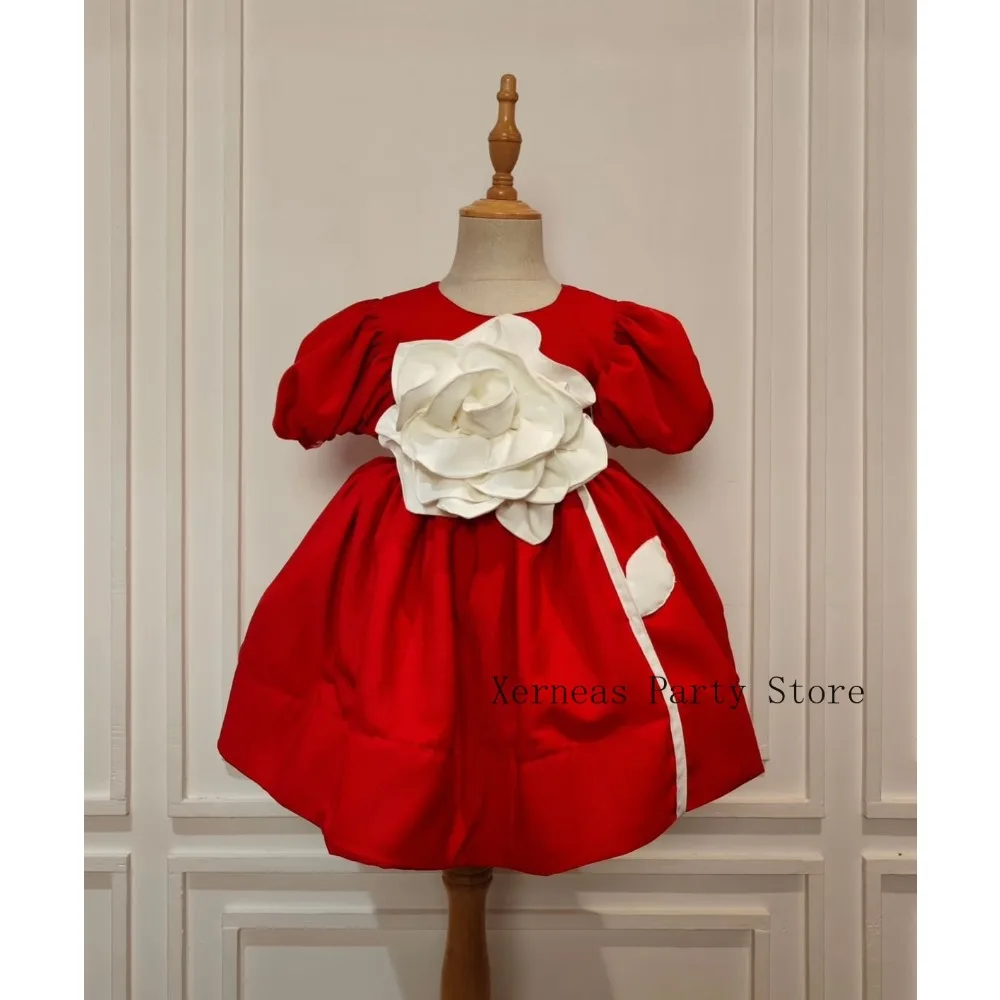 Customized Red Flower Girl Dress for Wedding 2026 White Rose Mini Ball Gown with Bow Birthday Party First Communion Kid's Gowns