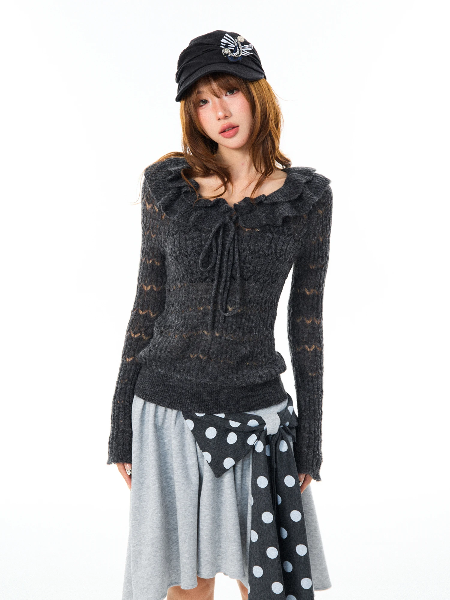 Young Stage Korean Style Wood Grain  Hollow out Knitted Sweater Women Early Autumn Lazy Waist Cinched Slim Long Sleeve Top