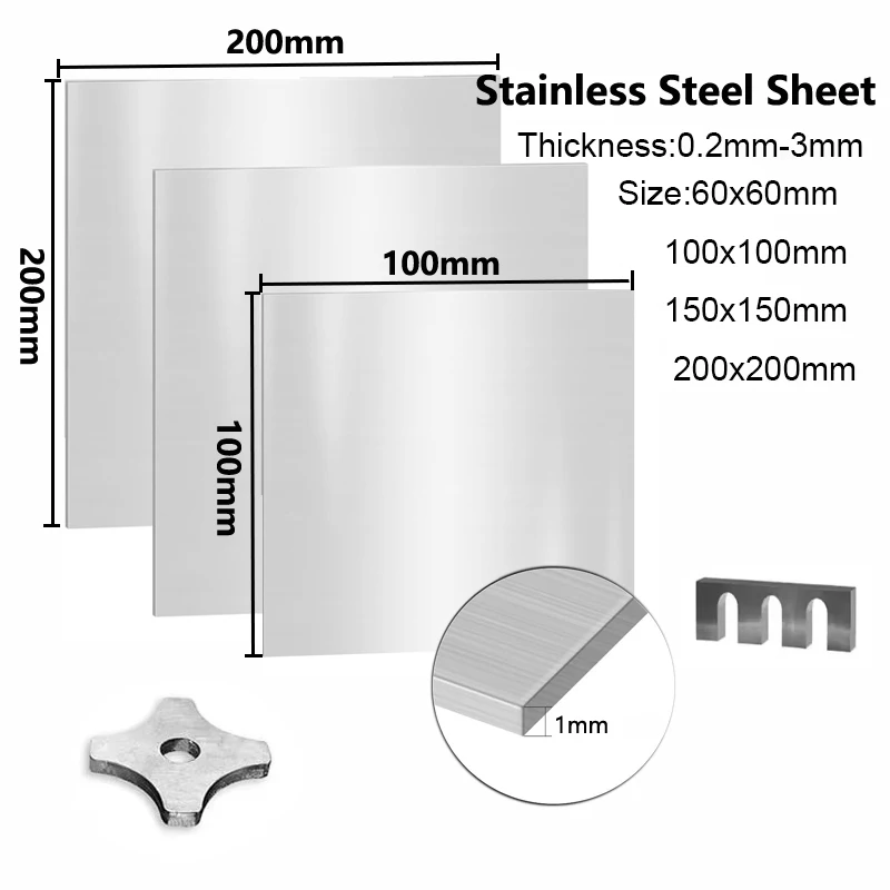 1-5 uds 304 hoja cuadrada de acero inoxidable espesor de placa 0,1/0,2/0,5/0,8-/3mm placa de Metal pulido 100x100mm 150x150mm 200x200mm