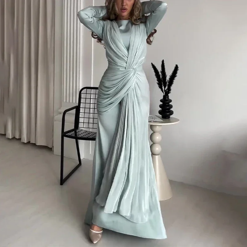Elegancka sukienka imprezowa O Neck Fashion Tie-up High Waist Slim Party Dress Wome Solid Color Wrinkles Lady Chic Evening Gown 2025 Odzież damska