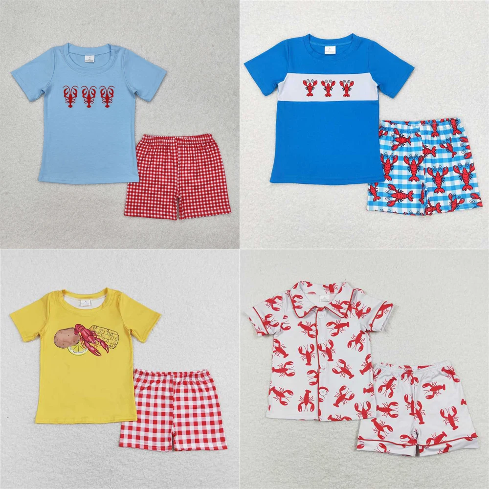 wholesale western boutique hunting outfits children clothing Sibling Baby Boys Crawfish Blue Shirt Checkered Shorts Clothes Sets