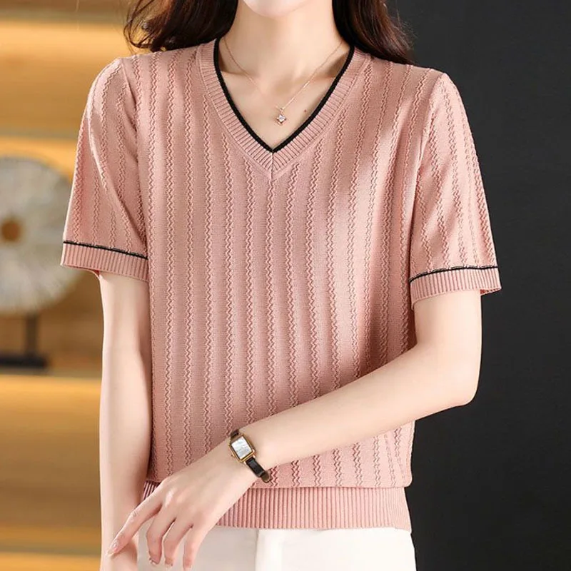 Female Simplicity Commute Short Sleeve Knitted Tops Summer Fashion All-match Solid V-Neck Pullovers T-shirt Women\'s Clothing