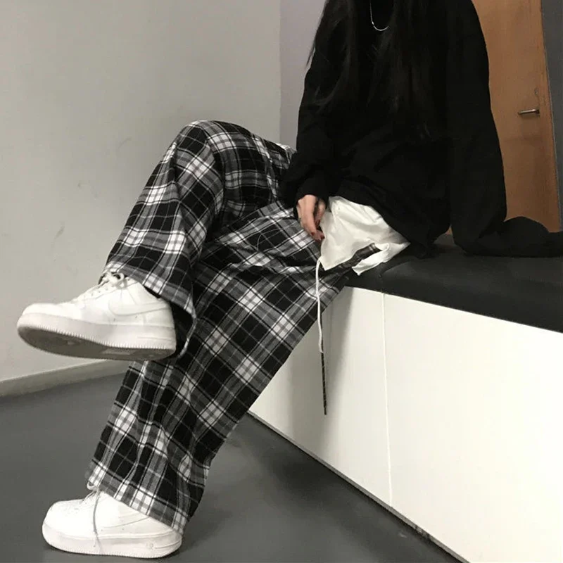 Harajuku Plaid Baggy Pants Women Fashion Wide Leg Trousers Female Casual Loose Straight Drawstring Joggers Streatwear Y2k Large