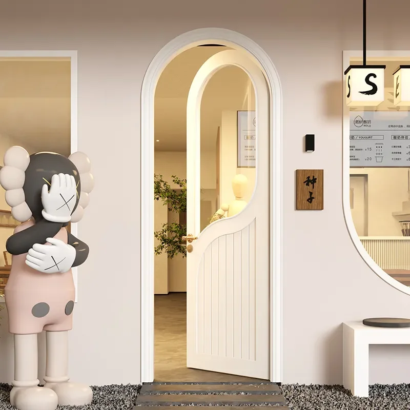 French Retro Single Door Solid Wood Composite Paint Light Luxury Arc Arch Swing Door for Bedroom Living Room