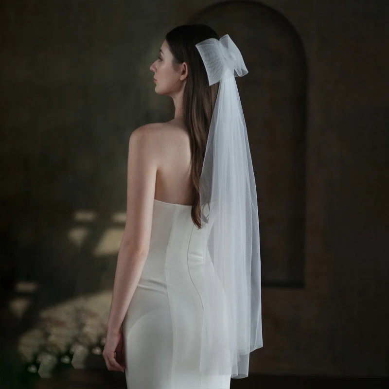Wedding Bridal Veil Big Bow Decor Ivory White Short Sheer Veils 2 Tiers image 2