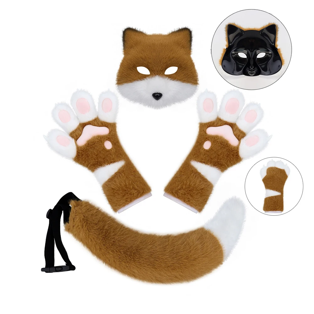 

Halloween Color-Blocking Long Glove Beast Tail Set Cosplay Prop Plush Fox Masksets Mask Tail Accessory Halloween Party Carnival