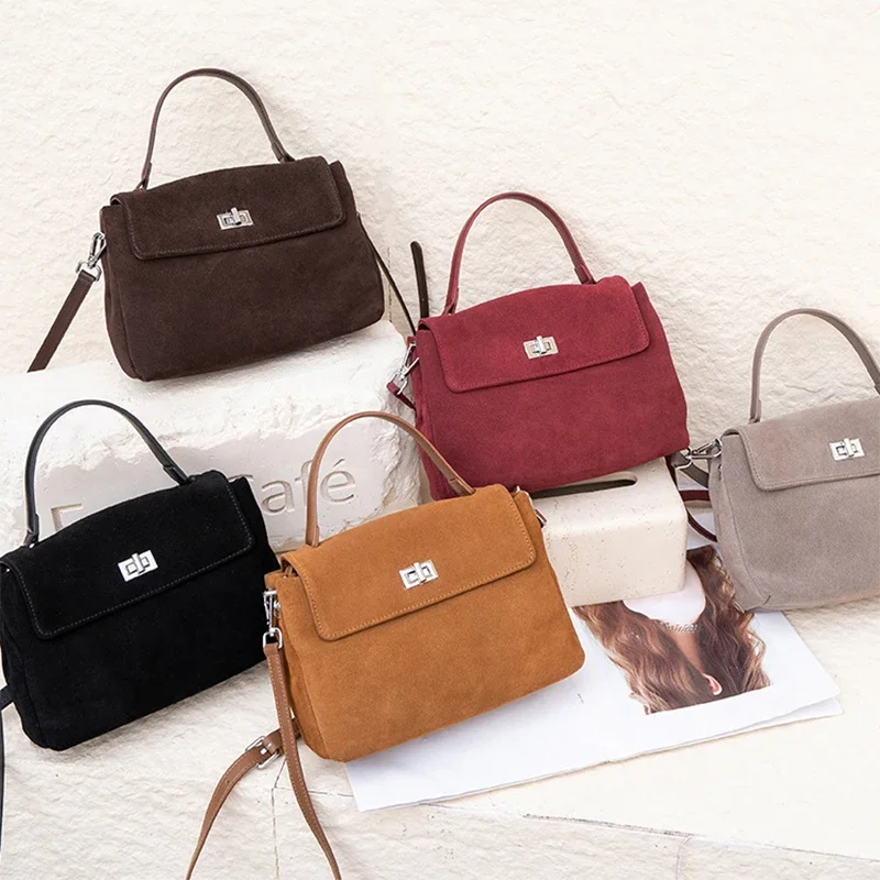 

Vintage Frosted Handbag Brand Luxury Genuine Leather Women High-end Suede Shoulder Crossbody Bag Commuter Lock Messenger Bag