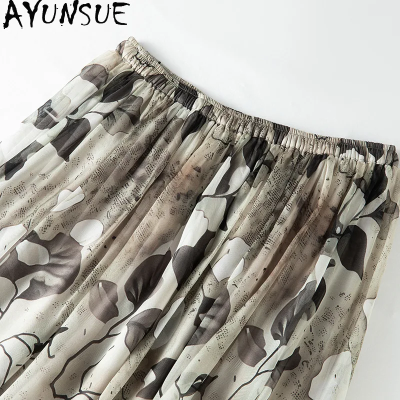 AYUNSUE 100% Silk Women's Skirts Stylish High Waist A-line Skirts for Women Flowing Long Skirt Spring Summer Clothes for Woman