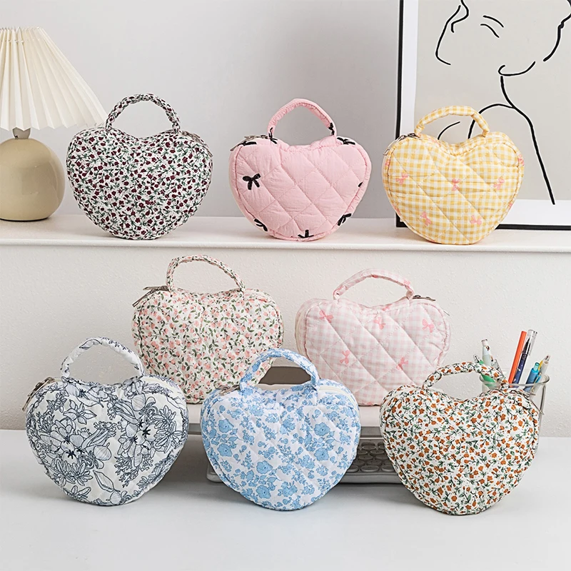 

Korean Trendy Floral Handbag Cosmetic Bag Portable Heart Makeup Storage Bag Travel Small Toiletry Bags For Women Gifts