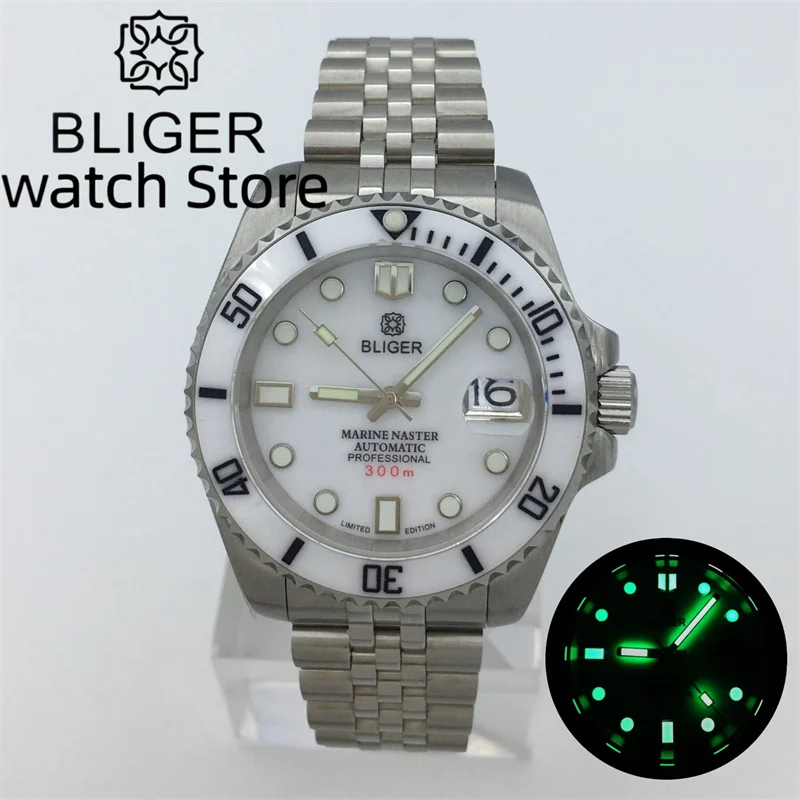 BLIGER 40mm NH35A Automatic Men Watch White Ceramic Insert Brushed Steel Bracelet White shell Dial Date Luminous Sapphire Glass