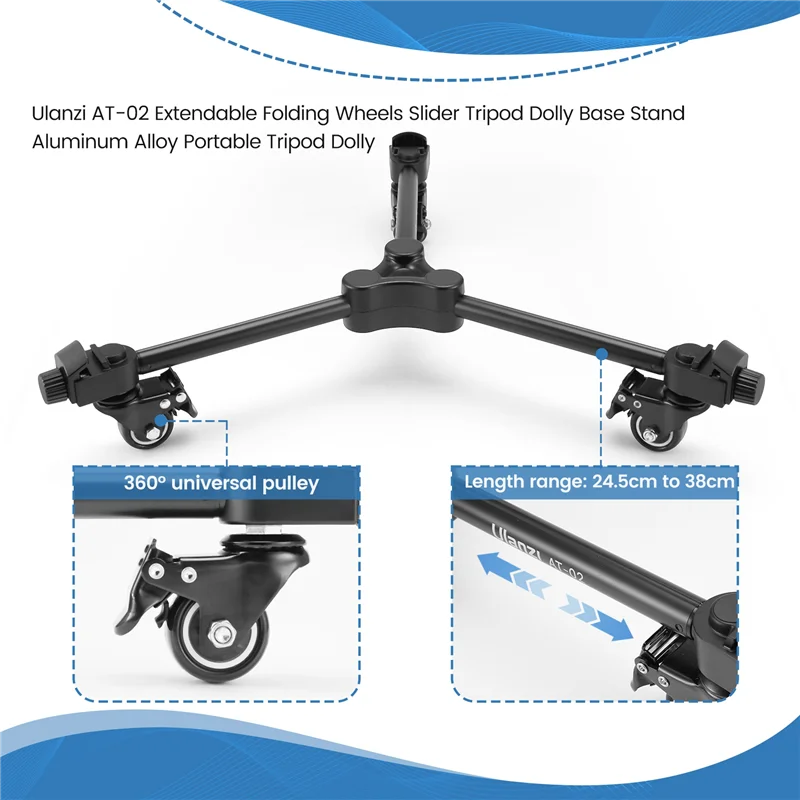 ABDE-Ulanzi AT-02 عجلات قابلة للتمديد قابلة للطي المنزلق ترايبود دوللي قاعدة حامل سبائك الألومنيوم المحمولة ترايبود دوللي للاستوديو 20 كجم