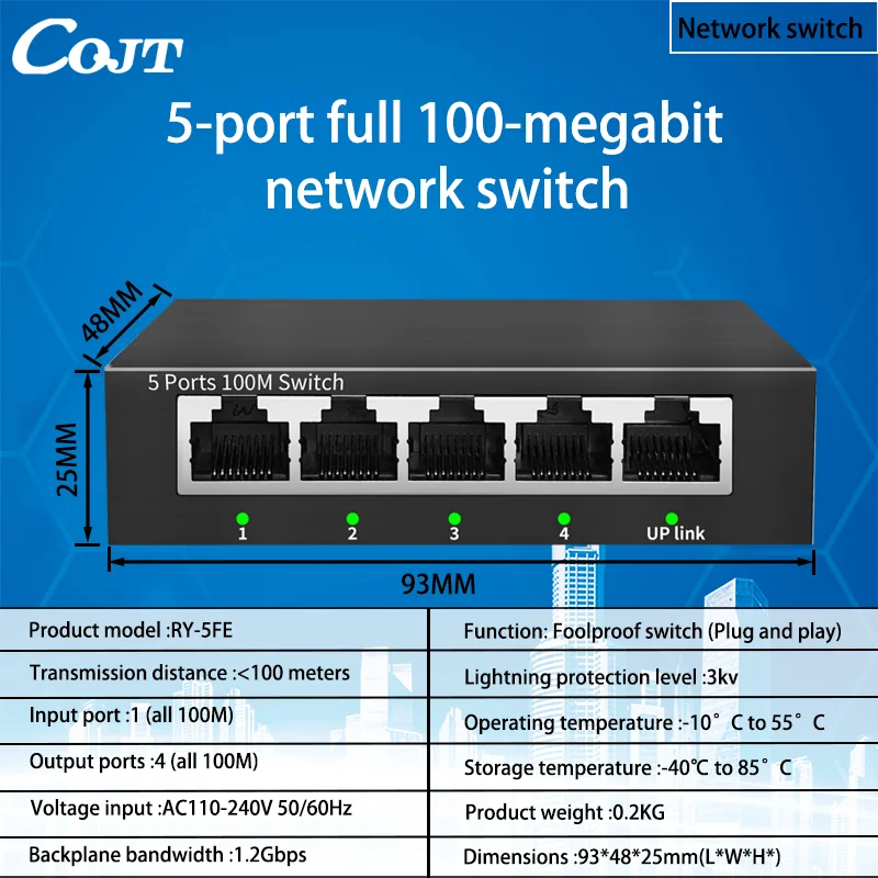 

5 RJ45 Ports 100mbps Ethenet Switch 2.5GBASE-T Network Switch 10Gigabit Uplink Plug and Play Hub Internet Splitter Fanless