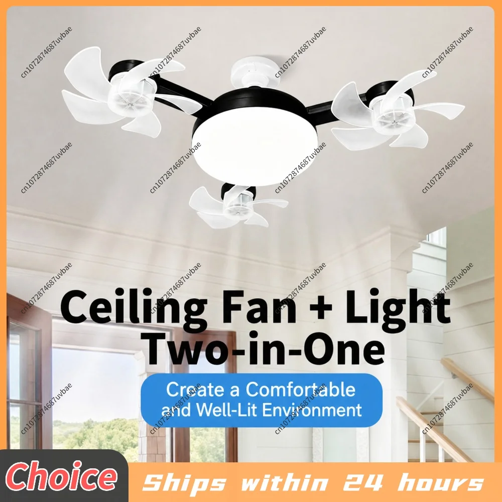 E27 Dimmable LED 2 In 1 Hanging Fans with RC & Extension Rod Silent Electric Cool Blower 3-Speed for Dining Room Living Room