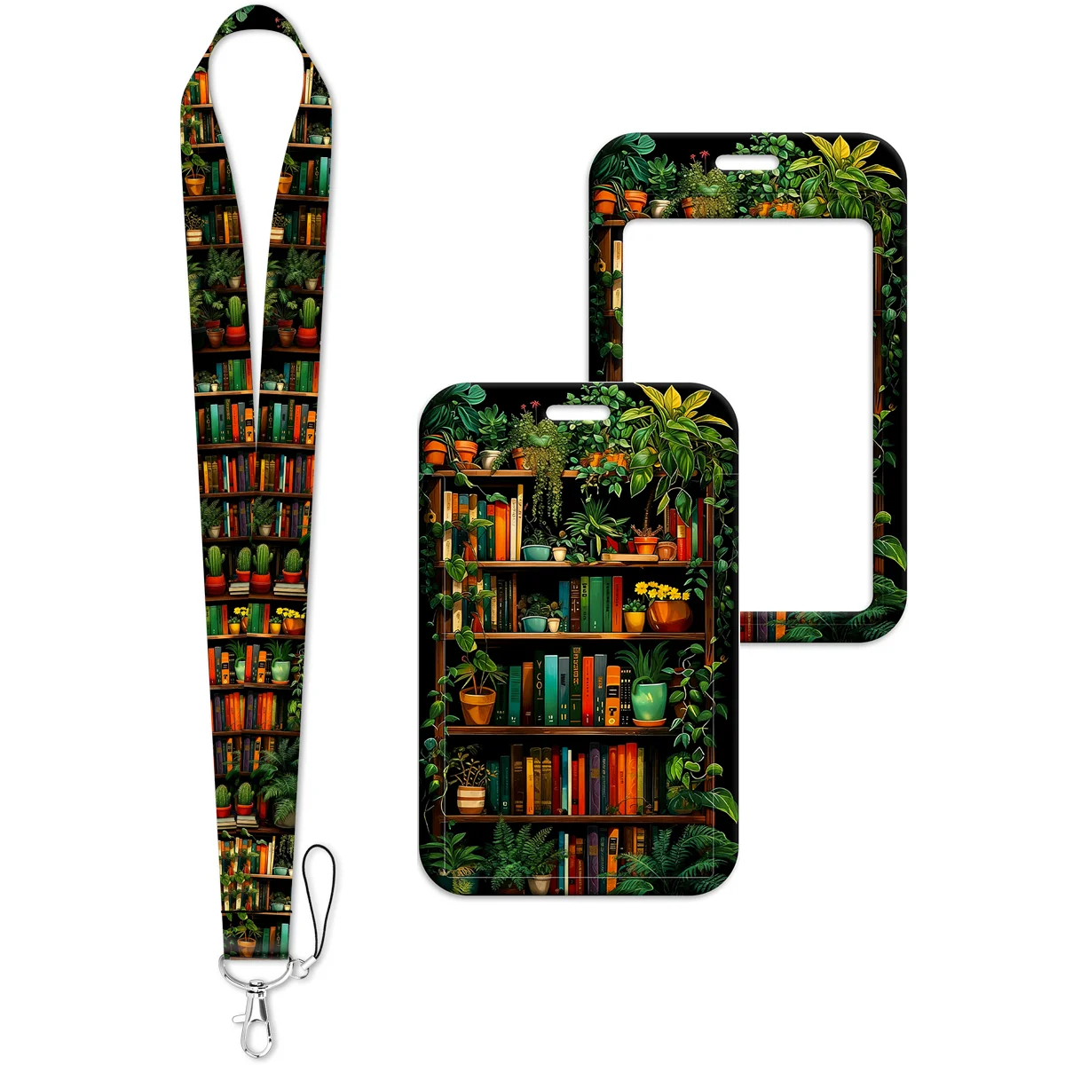 Vintage Bookshelf Plant Lanyard Neck Strap Keychain Card Cover Badge Holder Mobile Phone Hang Rope Keyring Accessories Gifts