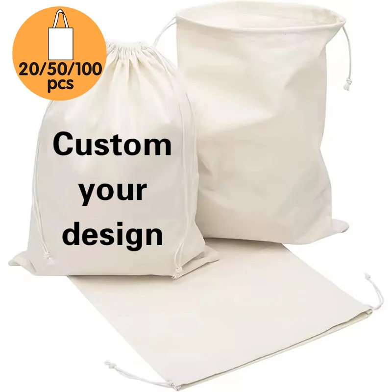 20/50/100 Pcs Custom Logo Print Cotton Bag Drawstring String Bag Customized Shopping Bags Gift Package Storage Cloth Handbag