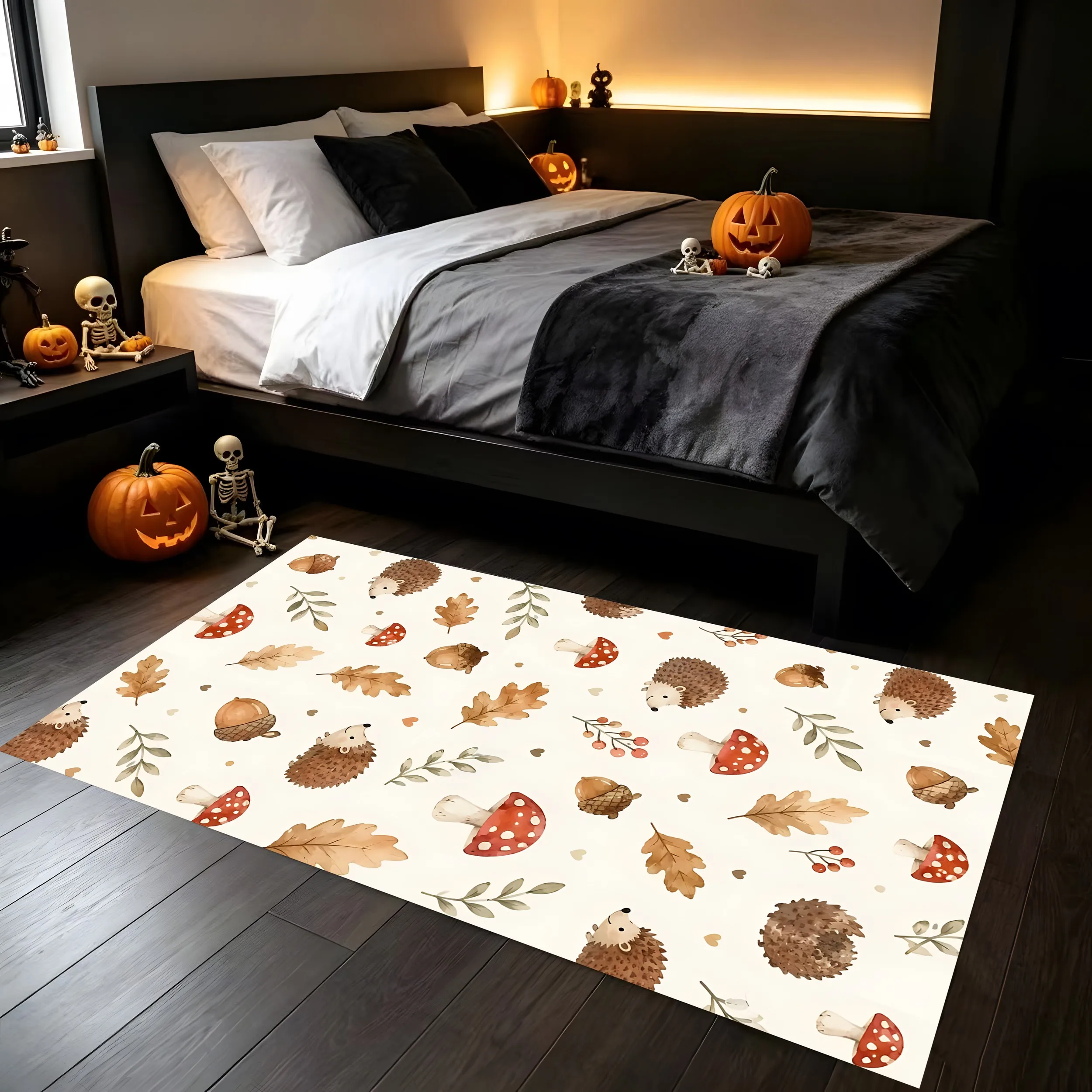 2D Large Carpet Hedgehog Mushroom Acorn Autumn Leaves Forest Theme Watercolor Style Gentle Fresh Creating Warm Festive Autumn at