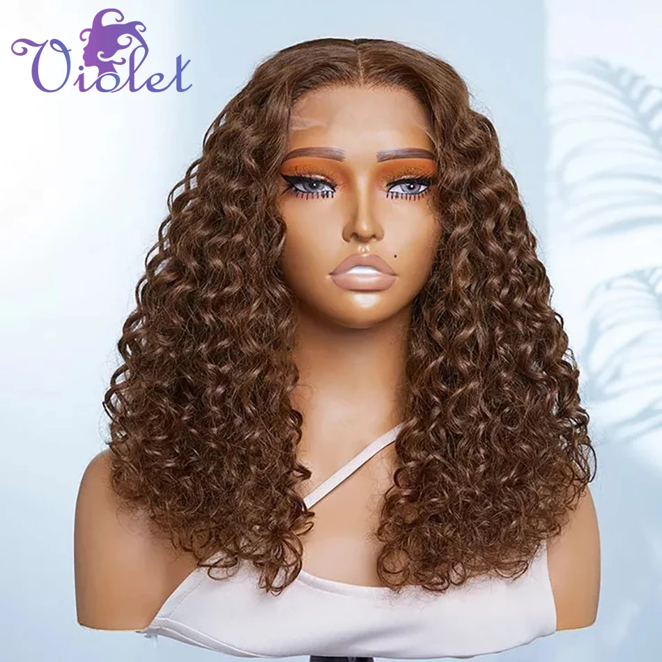 

Chocolate Brown Curly Wig Human Hair 13x4 Lace Frontal Wigs Brown Deep Wave 180% Density Short Bob Pre Plucked With Baby Hair