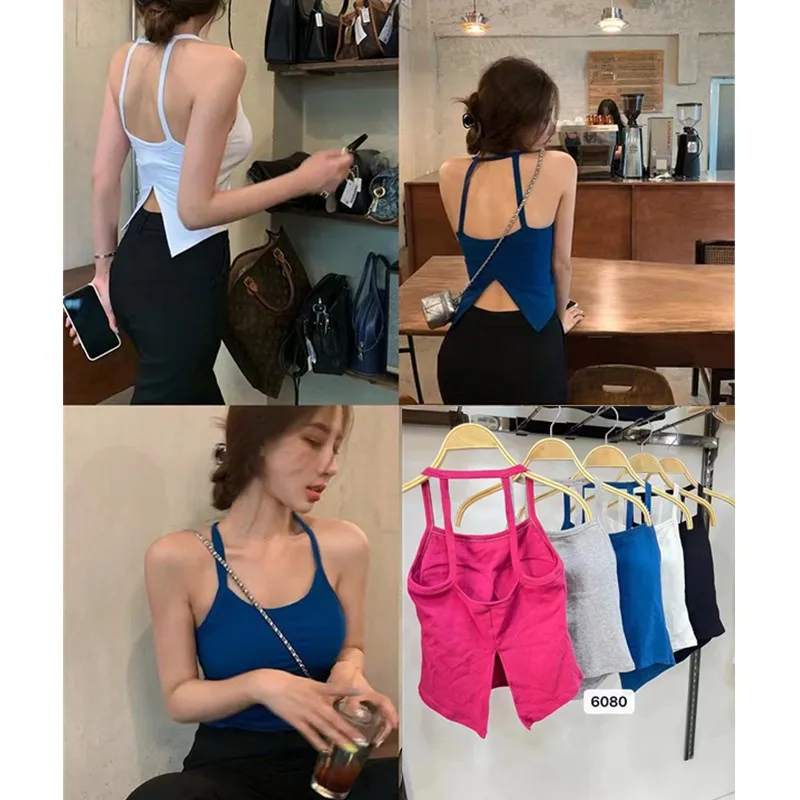 Sexy Split Strap Vest Women's Beautiful Back Sports Underwear with Chest Pad Outdoor Design Sleeveless Top Trendy Cotton Denim