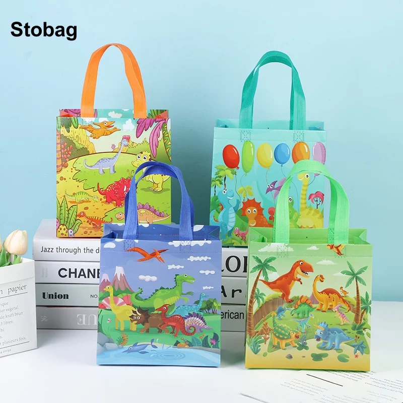 

StoBag 12pcs Cartoon Dinosaur Non-woven Bags Tote Fabric Gift Package Kids Birthday Waterproof Storage Reusable Pouch Party