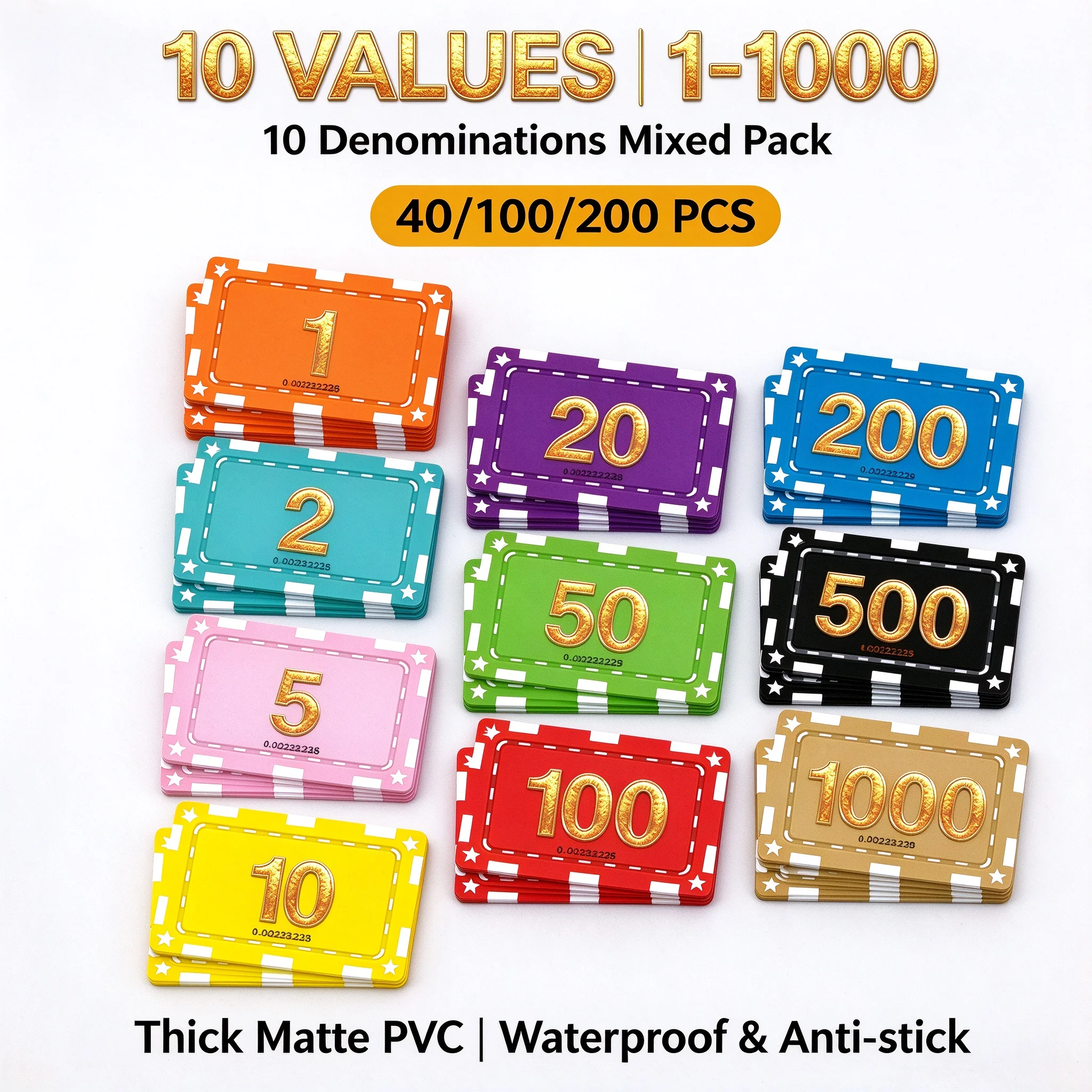 Poker Chips Set, 10 Values Plastic Casino Tokens, Rectangular Matte PVC Poker Chip Cards for Home Games Party