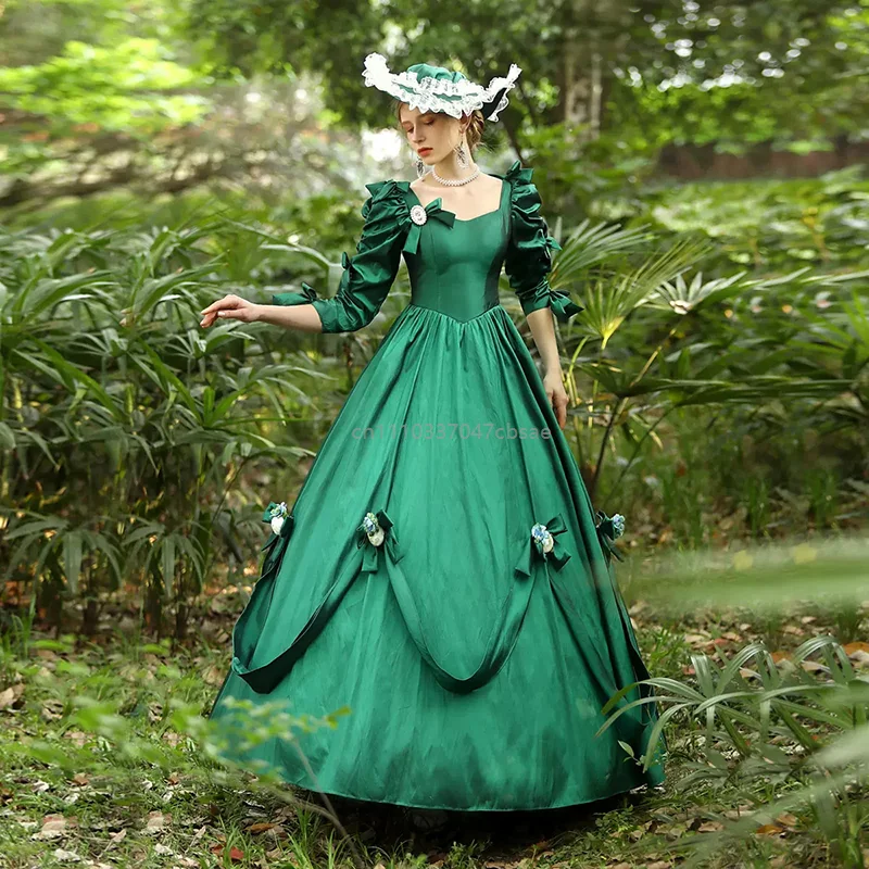 

Medieval Luxury Victorian Ball Gown Dress Vintage Green Satin Sweetheart Dresses Bead Flower Bow Sleeve Ruffles Lace Up Outfit