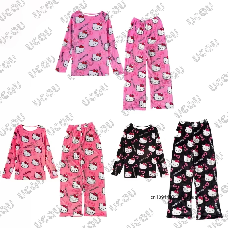 Chándal para niños Y2K con estampado de Hello Kitty, camiseta de manga larga de otoño + pantalón de pijama, traje informal para parejas, trajes de 2 piezas para niños y adultos