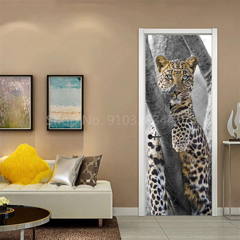 Tier-Türaufkleber Katze Tiger Hirsch Leopard Tapete Benutzerdefinierte Türen Poster Wandtattoo Selbstklebend 3D Heim-Design Dekor Türsticker – Detail 26
