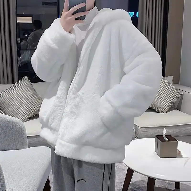 2024 Winter New Rabbit Plush Faux Fur Men\'s Large Coat Thickened Loose Hooded Young Fashion Brand Handsome Men Clothing A205