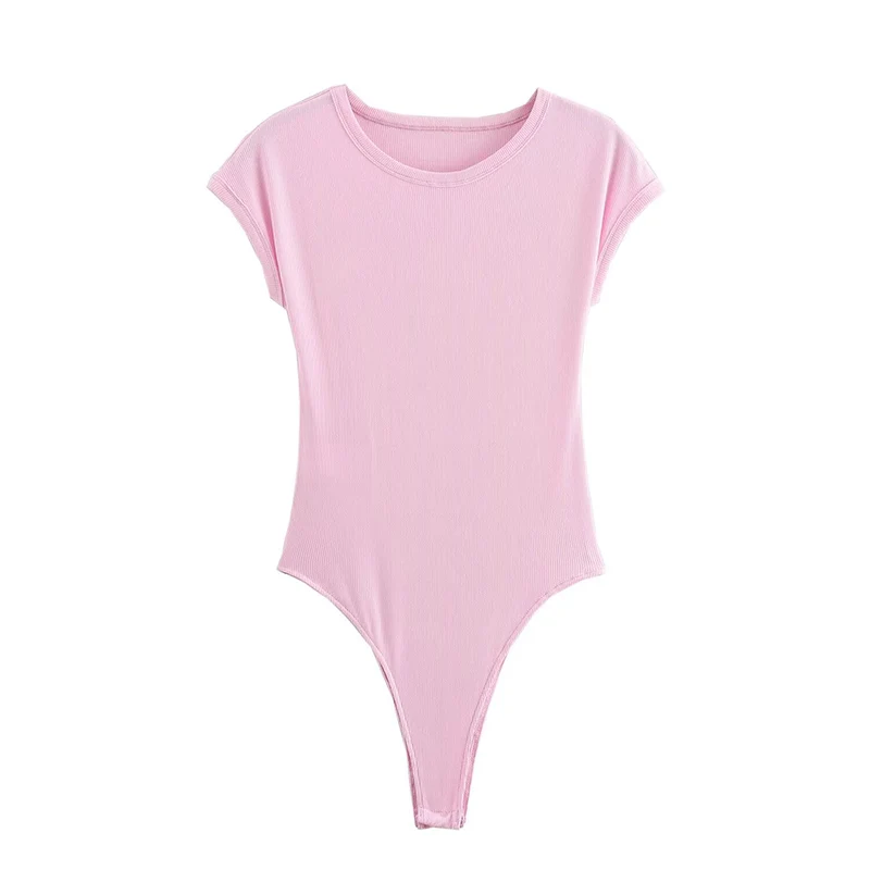 Summer O-Neck Short Sleeve Ribbed Knitted Bodysuit Women Back Button Up Slim Fit Jumpsuit Female Sexy Beach Style Wear 2025 New