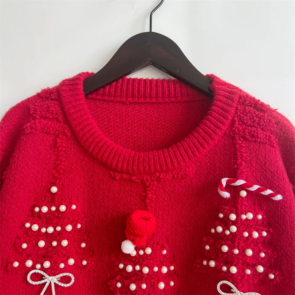 Pull de noël pour femmes, automne/hiver, nœud à ongles, perle, rouge, tricoté, hauts, mode américaine, Jacquard, pulls du nouvel an