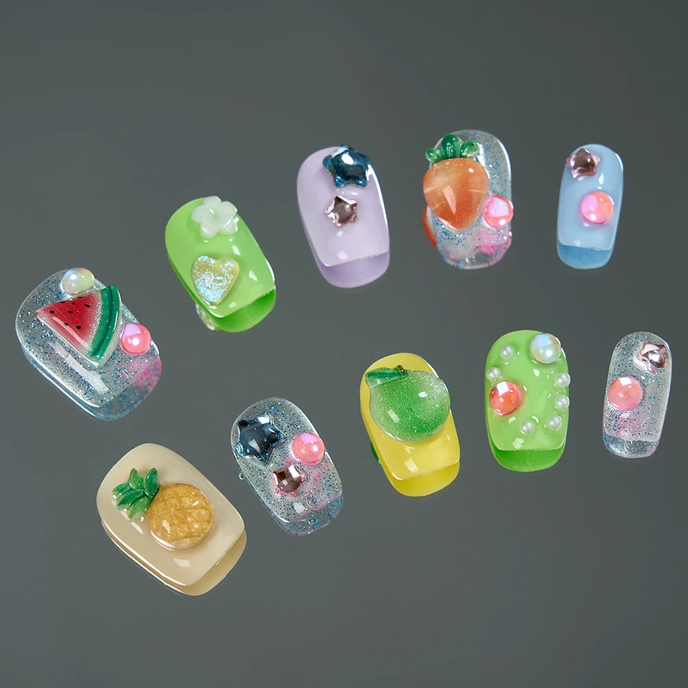 

Cute Fruit Nails Handmade False Nails Press-On Dopamine Summer Nails Acrylic Full Cover Stick on Art Tips for Women and Girls