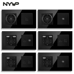 NYWP EU standard wall socket + TV phone, black tempered glass rj45 cat6 wall socket computer Internet 157*86mm
