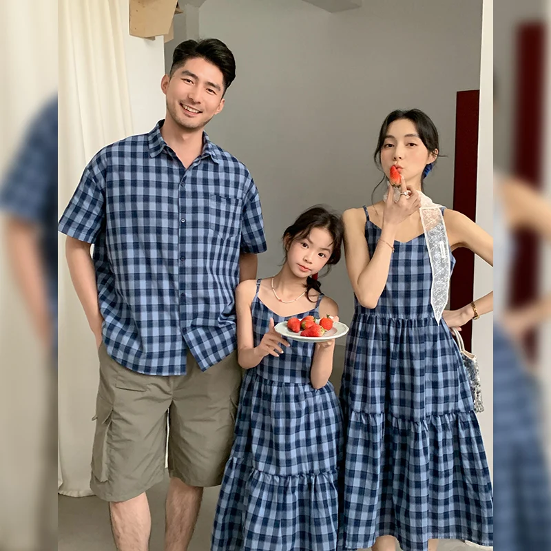 1-12 Year Girl Boy Siblings Short Sleeve Plaid Shirt S-3XL Mom Dad Family Matching Outfits Summer Clothing New Strapless Dress