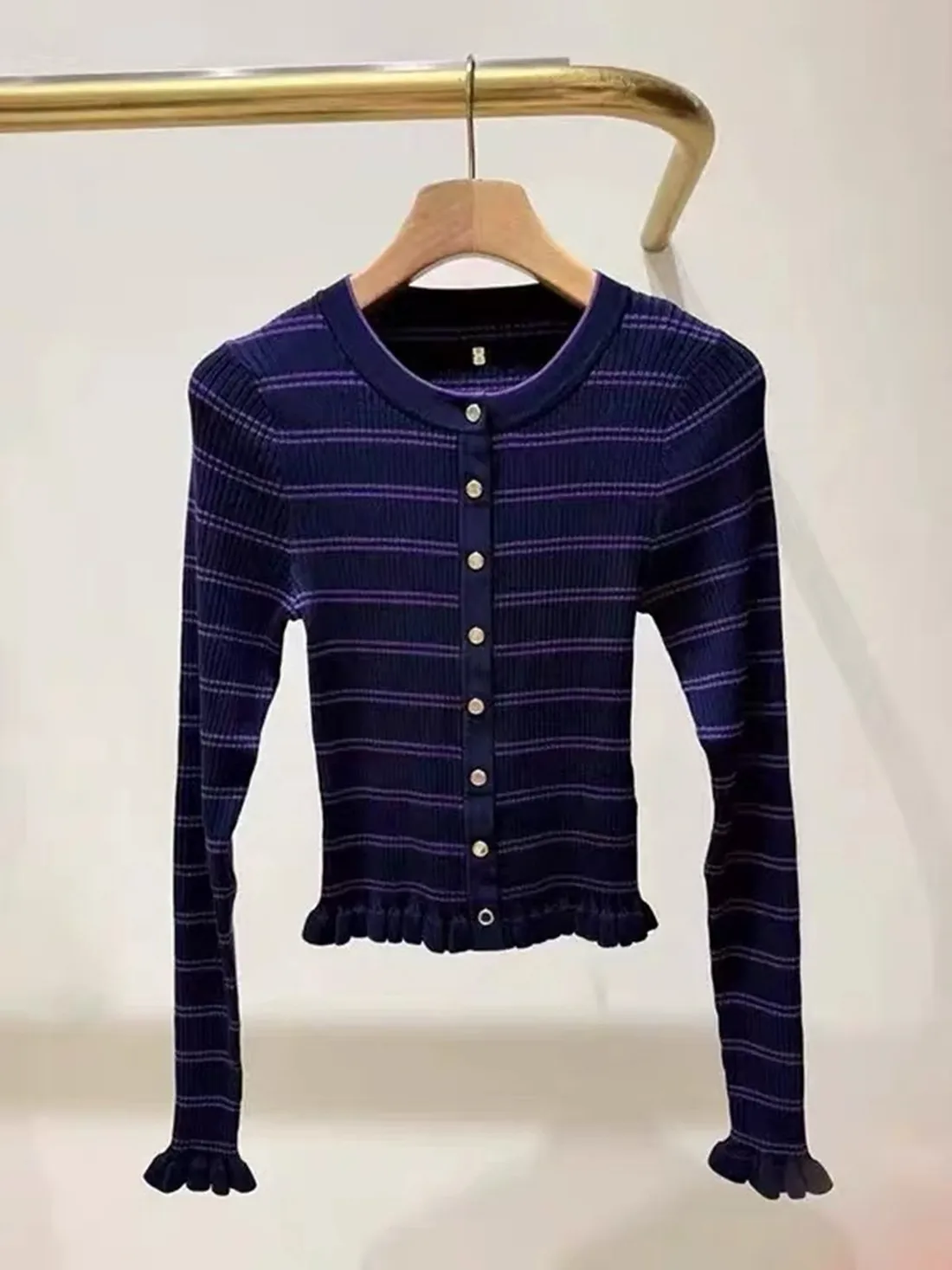 Elegant round Neck Striped Knitted Slim Fit Open Cardigan Top for Women High End Version French Style Long Sleeve Button Detail