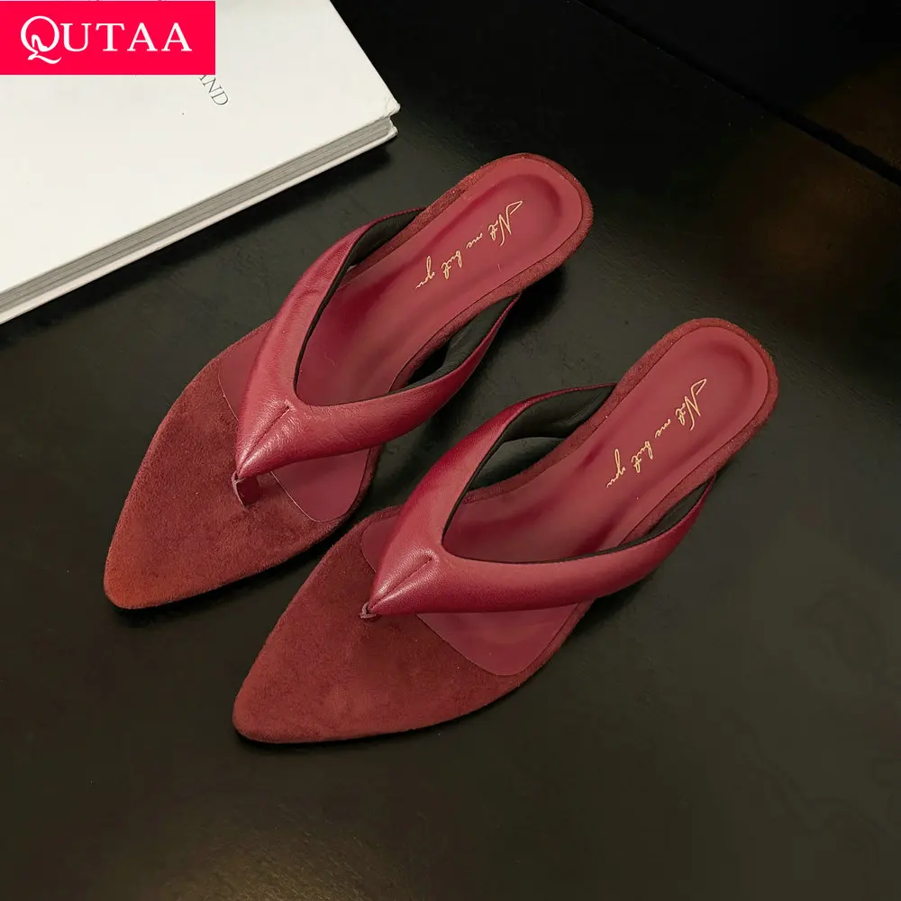 

QUTAA 2026 Fashion Women Summer Sandals High Heels Shoes Genuine Leather Pointed Toe Flip-flops Sandals Casual Shoes Dress 34-40