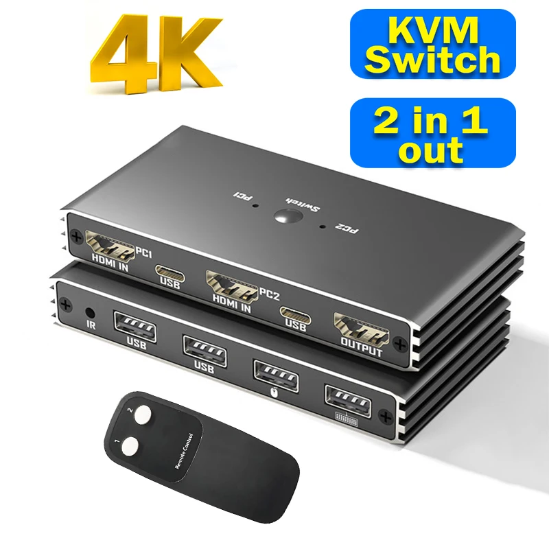 4k@60hz-hdmi-kvmスイッチ-2x1-hdmi-kvm-usbスイッチセレクター-2x1（4ポートusb付き）pc、ラップトップ対応、モニター、キーボード、マウス、プリンター接続可能