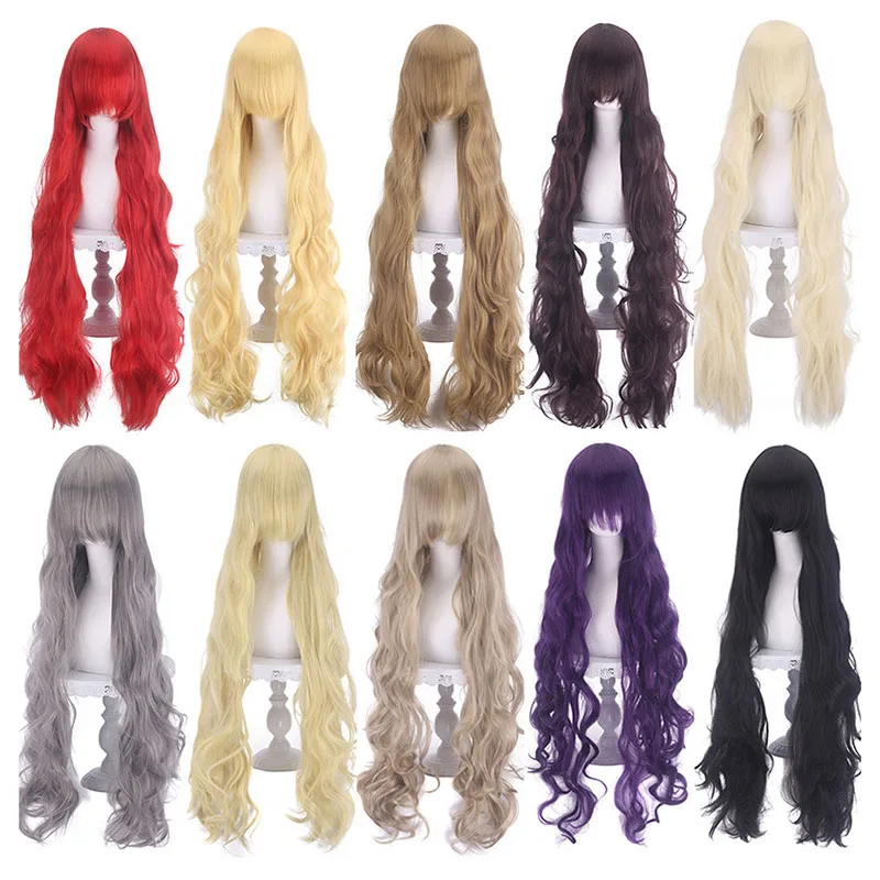 100cm Wavy Curly Lolita Wig Anime Cosplay White Black Red Blonde Heat Resistant Synthetic Long Hair Women Universal Wigs