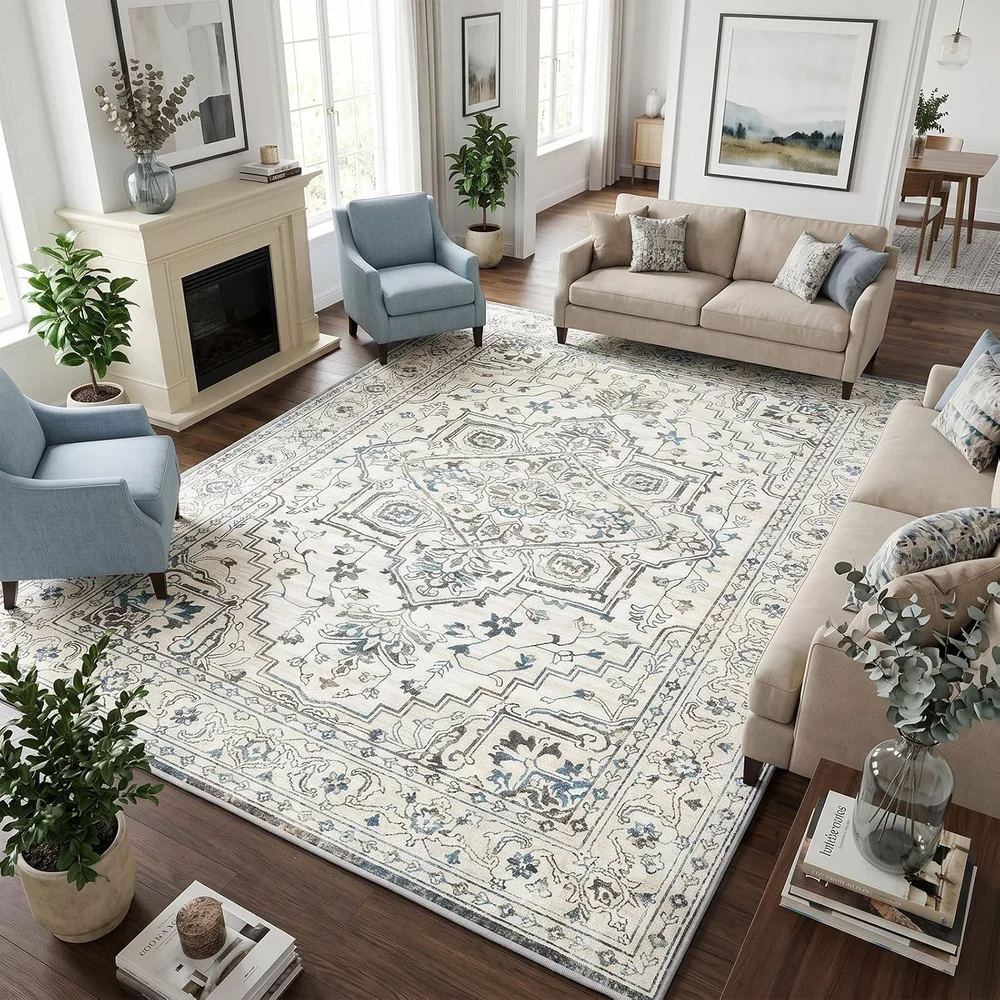 Large 10x12 Farmhouse Persian Area Rug Cream Blue Washable Low Pile Carpet for Living Room Dining Room Home Decor