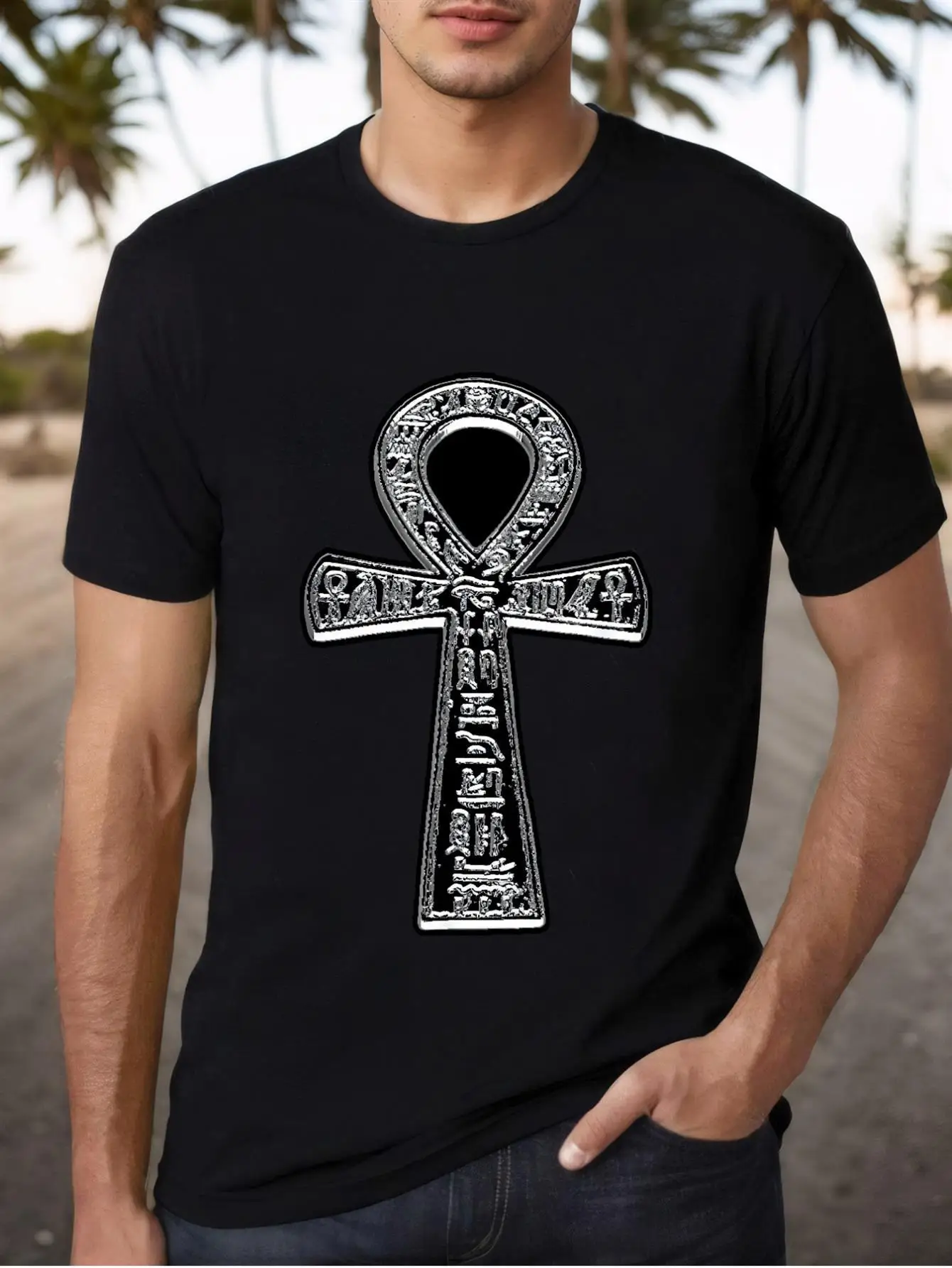 

Limited Edition Egyptian Ankh Symbol T-Shirt for Men & Women - Black with White Ancient Script Print, Regular