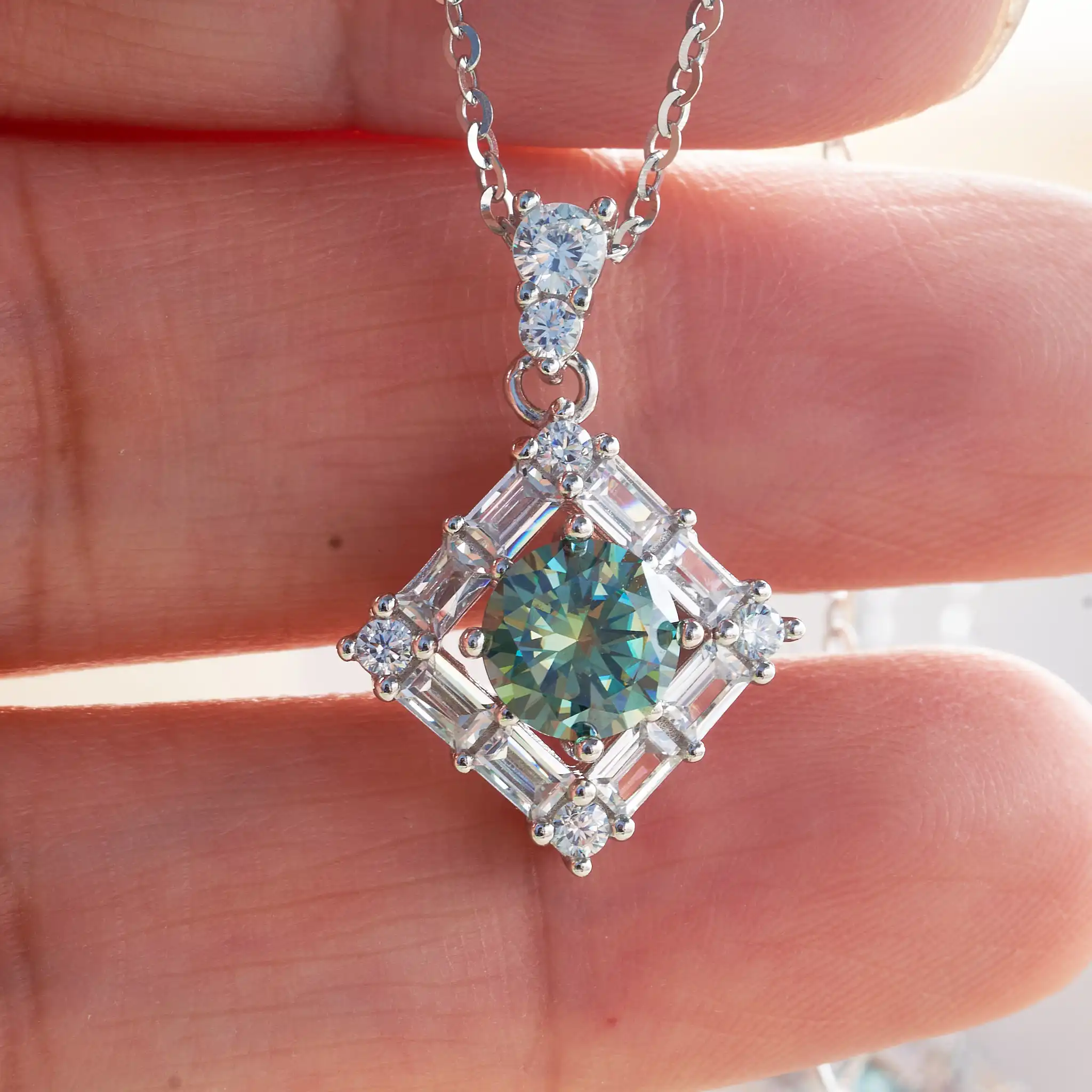 1CT Blau-Grüner Moissanit-Anhänger Halskette Silber 925 Schmuck Besteht Diamanttest mit Schwarzer Karte und Zertifikat – Detail 8