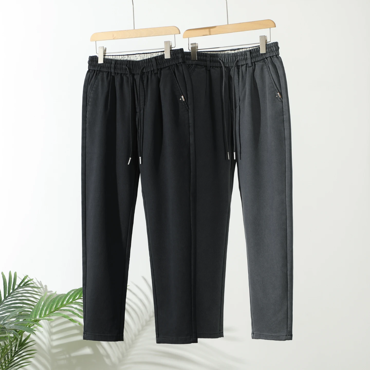 

Heavyweight Waed Vintage Tweed Fabric Men's Elastic Waist Tapered Casual Pants Faion Urban Sle Anti-Wrinkle Spring Autumn