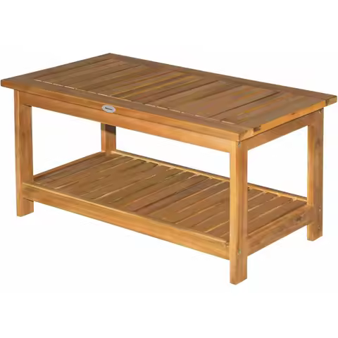 36" Outdoor Coffee Table 2-Shelf Acacia Wood Rectangular Buffet Storage Organizer Natural Finish Teak Patio, Deck, Lawn, Garden