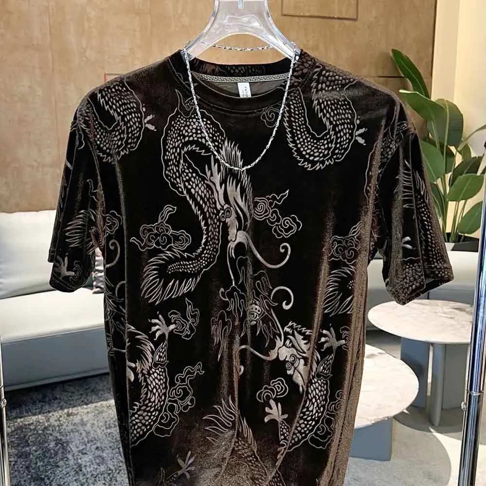 2024 Spring, Autumn and Winter New Gold Velvet Short Sleeve T-Blood Men\'s Slim Jacquard Dragon Pattern T-Blood Undershirt Top