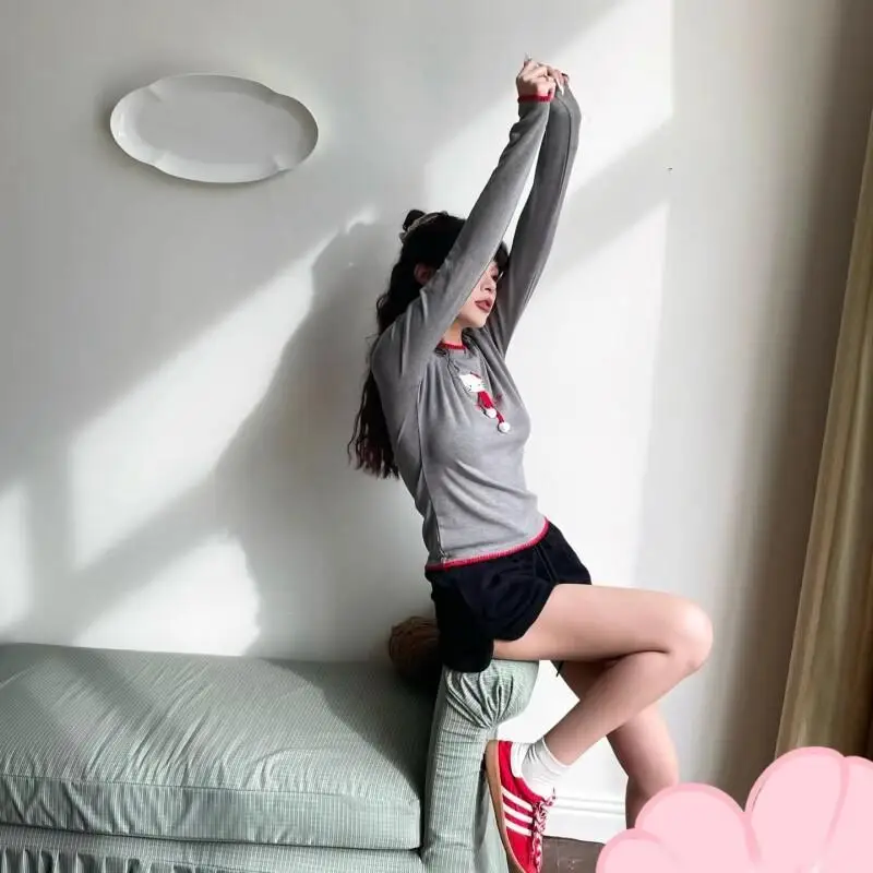 Sanrio Hello Kitty Kawaii Anime Mode Lässig Katzenmuster Langarm T-Shirt Damen Slim Fit Fun Short Top Hosen Sets Anzug