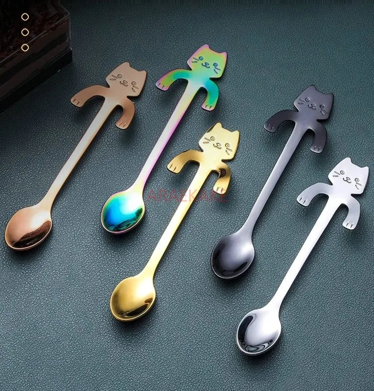 الفولاذ المقاوم للصدأ لطيف القط على شكل ملعقة قهوة معلقة ملعقة الإبداعية الكرتون الإنترنت الشهيرة القط اثارة الحلوى ملعقة الآيس كريم #3