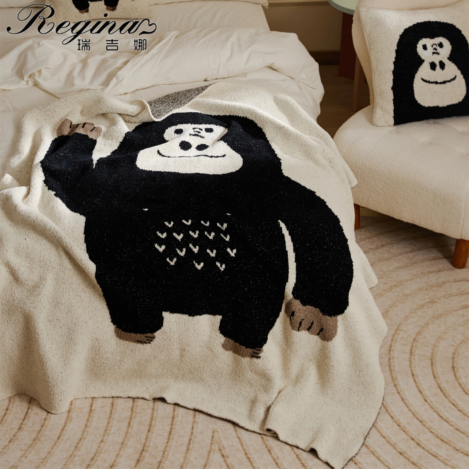 REGINA Kawaii Cartoon Gorilla Blanket Throw Fluffy Soft Cozy All Season Sofa Bed Couch Decor Microfiber Knitted Plaid Blankets