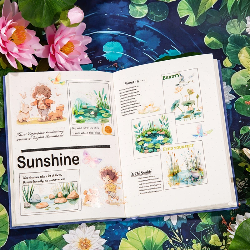 PET Tape For Summer Pond Lotus Duck Pattern Design Creative Background Collage DIY Greeting Card Cup Photo Frame Decoration