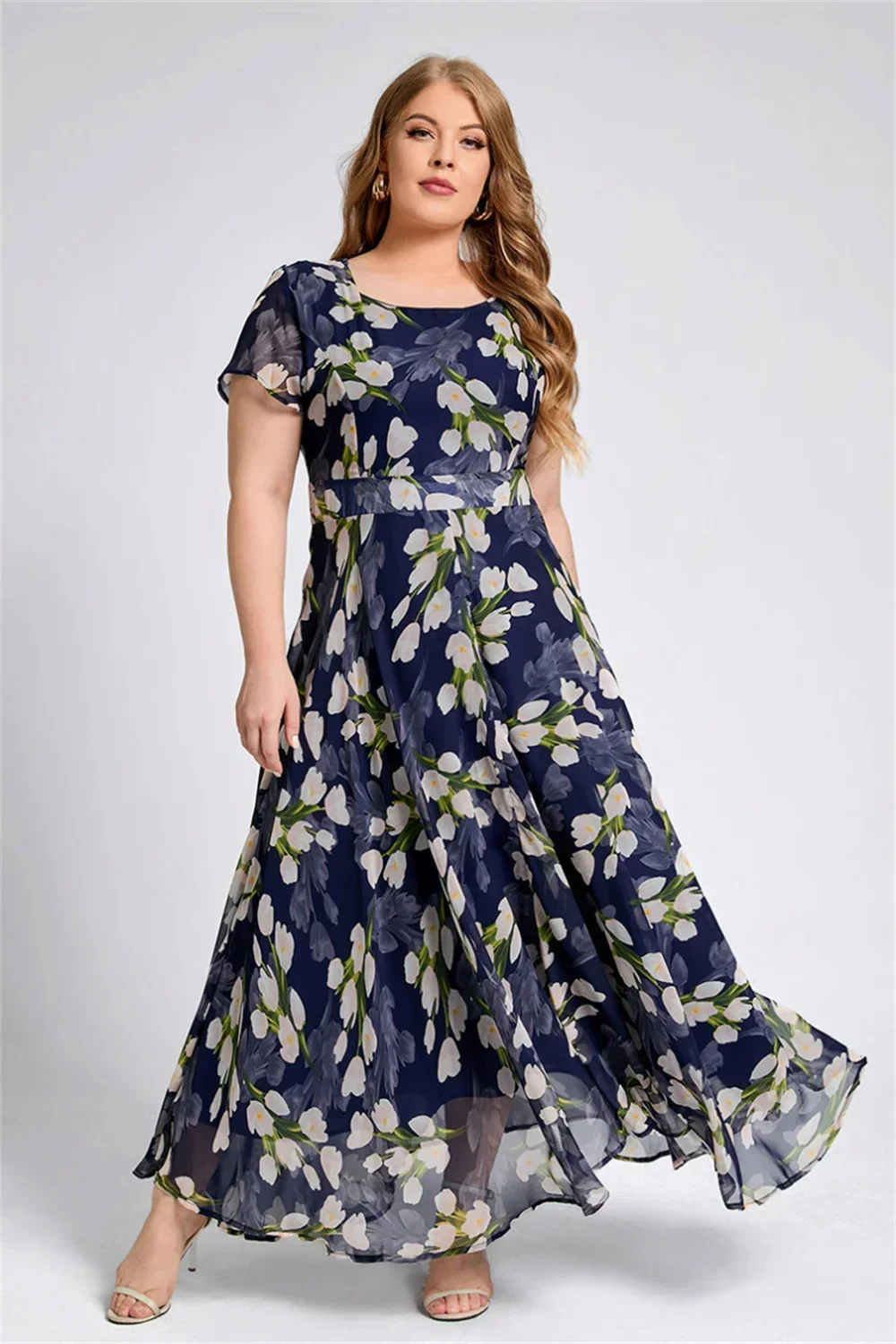 Plus Size Women Floral Printing Dress Short Sleeve Round Neck A-line Female Elegant Casual Fashion Summer Dresses Party Dress